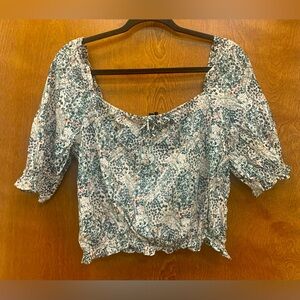 Paige Elise Floral Puff-Sleeve Top Square Neck Ecru Multi Size Large